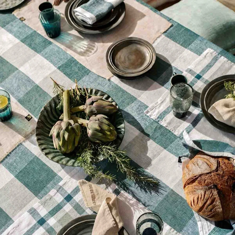 HAOMY HARMONY Palma European Flax Linen Tablecloth 63x98” Green White Gingham